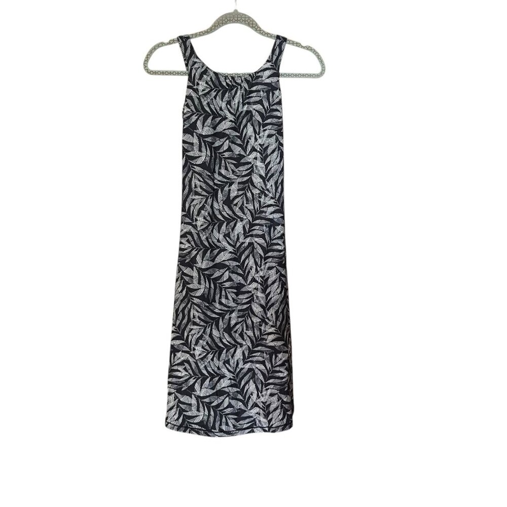 PrAna XS Black & White Tropical Print Sleeveless Midi Dress With Open Back